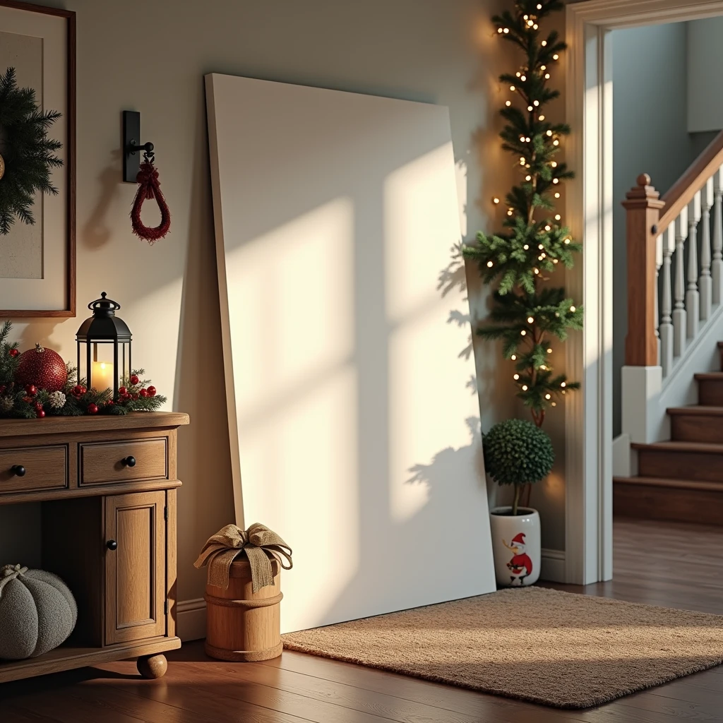 An ultra-realistic entryway decorated for Christmas, featuring a vertical DIN A-sized white-framed blank canvas leaning against the wall on a rustic wooden console table. The canvas reflects the twinkling lights of a Christmas garland draped along the staircase and the soft glow of a nearby lantern. Holiday decor, such as small wreaths and festive figurines, add charm to the space, while the shadows from the garland and lantern create a sense of depth on the blank canvas. The scene captures the welcoming and festive atmosphere as guests enter the home