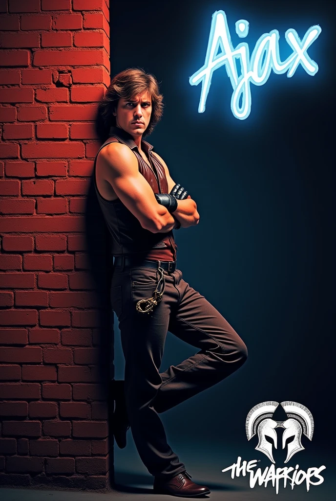 film The Warriors 1979 Stylized poster featuring a man (James Remar) leaning against a red brick wall. The man has white skin, shoulder-length hair and a dark gigachad face with a serious expression. He is wearing a sleeveless brown leather vest, classic retro black genuine leather gloves, middle finger gloves, a black belt with a large buckle and dark pants. His arms are crossed with his foot resting on the wall. The background is a dark blue to black gradient, transitioning into the red brick wall. The word 'AJAX' is displayed in bright blue neon letters in the top right corner. In the bottom right corner, there is a two Spartan helmet logo with the text 'The Warriors' in graffiti style font.