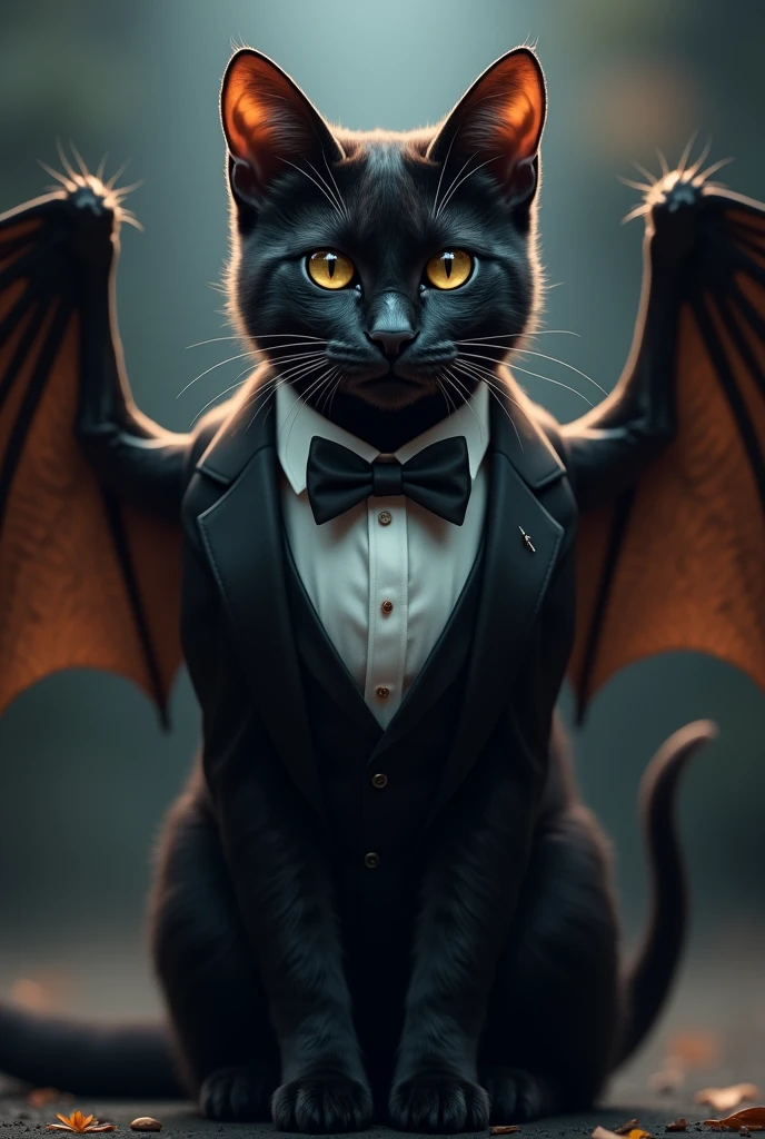 a black cat (furro) with tuxedo, suit and tie and bat wings