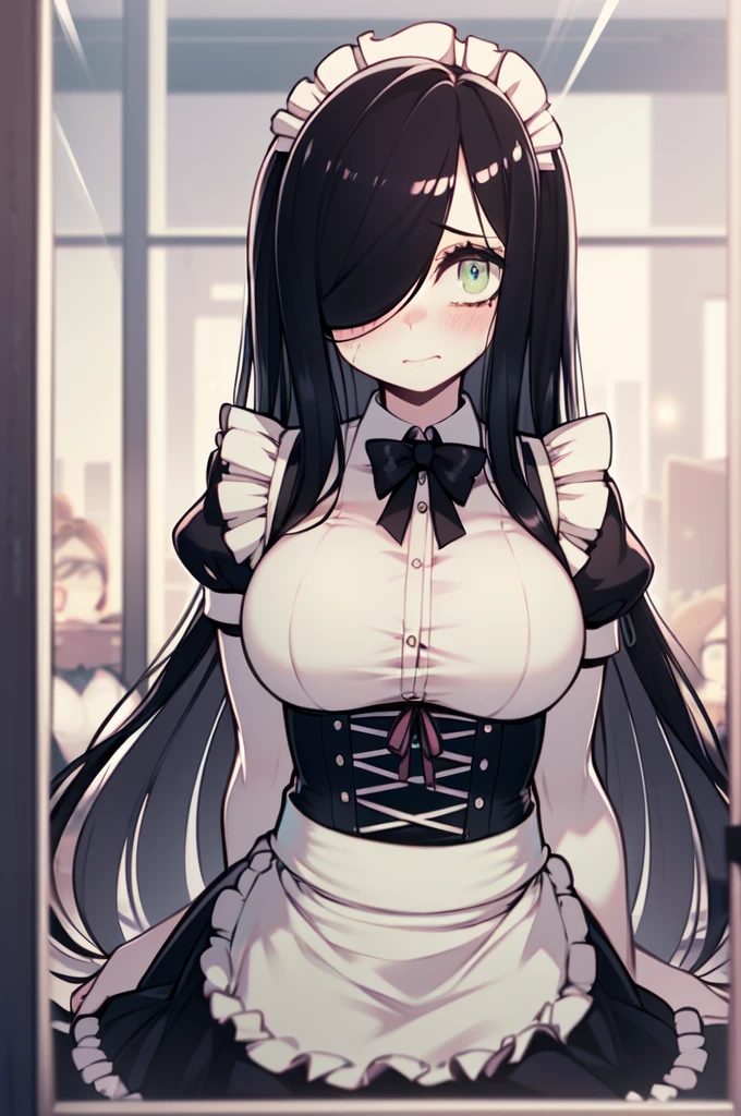 portraite, looking ahead at viewer, shy,
ariawm, long black hair, one eye covered by hair, greeneyes, pale skin, breasts big, Jumpy, blushful, French Maid, volantes, maid cafe,
Busy cafe, city street visible through window, warmly lit, Depth of field,
