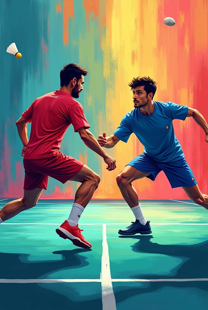 2 Badminton player against each other in Badminton court in multi colour