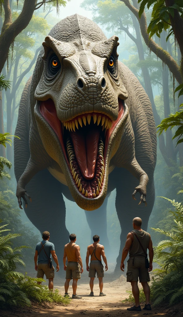 The confused Tyrannosaurus rex stares at the 3 men
