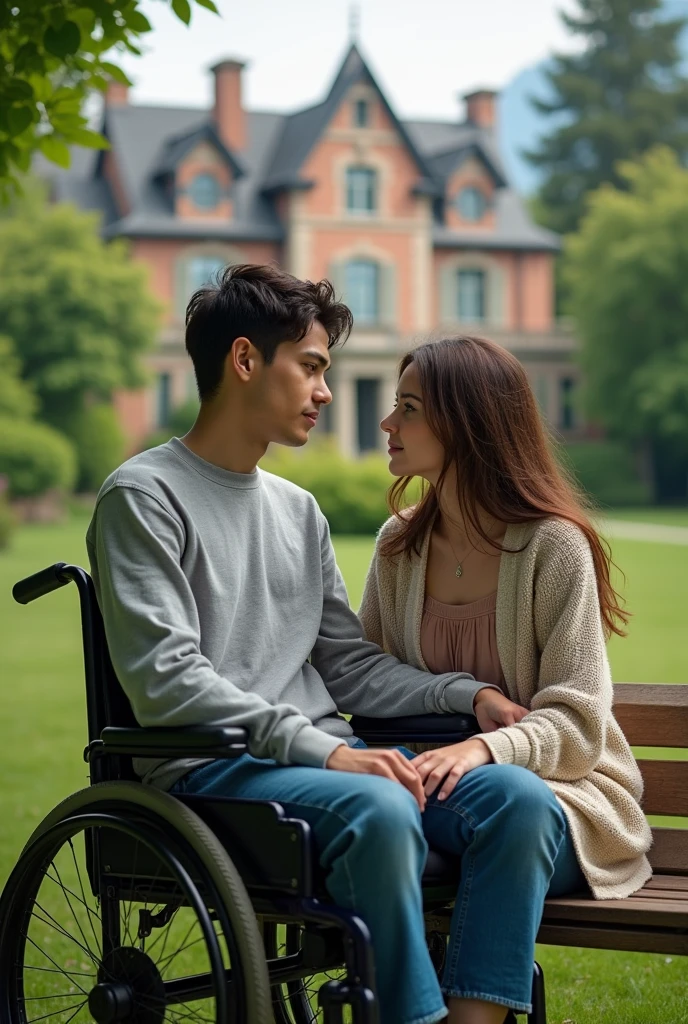 Une photo capture un moment paisible dans un jardin verdoyant, où un jeune homme de 19 ans est assis dans un fauteuil roulant, une jambe dans le plâtre. Il a des cheveux noirs courts et des yeux bleus perçants, son regard doux posé sur une jeune femme à ses côtés. Elle est assise sur un banc en bois, avec de longs cheveux bruns qui encadrent son visage délicat. Ses yeux vert bleuté expriment à la fois chaleur et une légère mélancolie. Elle porte un pull léger et un jean, ajoutant à l’atmosphère sereine de la scène. En arrière-plan, une grande villa luxueuse se dresse, entourée de végétation, soulignant la tranquillité de ce moment partagé entre les deux.