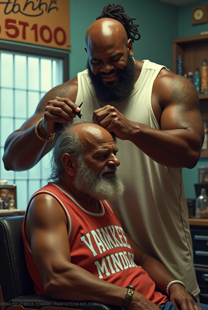 Generates an image of fat shaquille o&#39;neal with a ponytail up, cutting the hair of a chubby, dark-skinned old man wearing a vest that says Yankee and a sign in the background in Spanish that says &#39;Esthetics 57100&#39; 