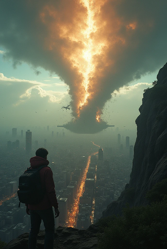 A scene of a plane crashing, with a tornado arriving in the city and a horde of zombies in the rural area with a lot of destruction and a view from the top of a mountain, super realistic in sao paulo, with a meteor falling into the sea, In first person