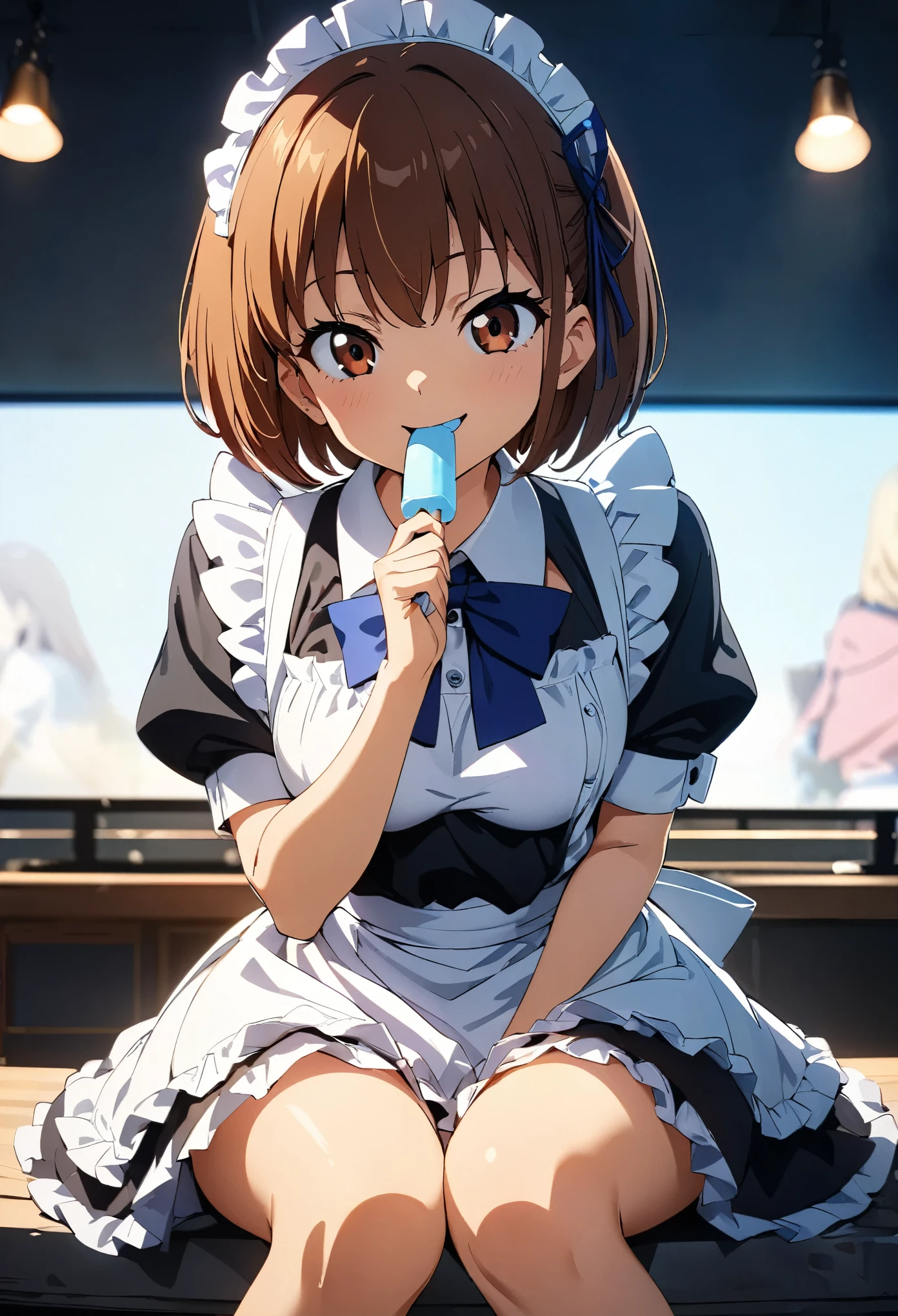 (Highest quality:1.2, 4K, 8k, Studio Anime, Very detailed, up to date, Vibrant, Attention to detail, High Contrast, masterpiece:1.2, Highest quality, Best aesthetics), (((1 person))), Sitting, maid, maid服, Blue Ribbon, Frills, Lick:1.2, smile, Popsicles, 舌を出してLick, Cute people, Get closer, Friendly atmosphere, Fun and youthful々Shii々Cool vibe, Accuracy and concentration, Striking contrast, (Perfect hands, Perfect Anatomy), I'm smiling at you、
