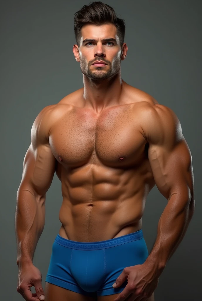 A hegemonically attractive naked man,rubio, blue eyes, blue boxer with erection,Symmetrical face with strong jaw and high cheekbones, an athletic and muscular body, tall height, well-cared for and blemish-free skin, and thick, well-styled hair