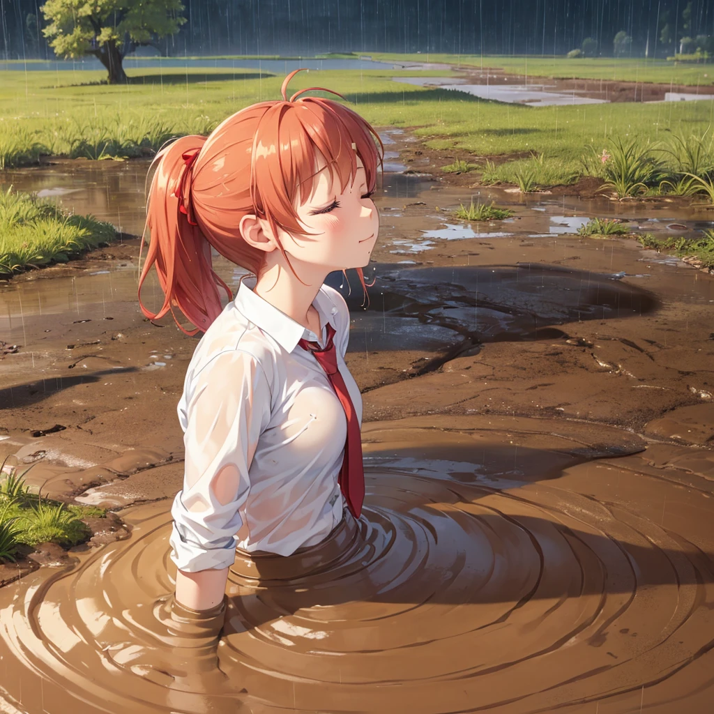 masterpiece, best quality, highres, solo:2, blush, anime CG style, good lighting, swamp, bog, (torso deep in quicksand:1.5), kinomoto sakura, aichan, mikuru1, breasts, white school shirt with red tie, ginger girl, red ponytail hair, covered in mud, bog, grass, trees, (orgasm:1.5), (looking up:1.4), beautiful detailed eyes, (from the side:1.5), (rainy weather:1.4), orgasm:1.6, (eyes closed:1.5), mouth open, head back, arched back, leaned forward, trying to free herself from the quicksand, 