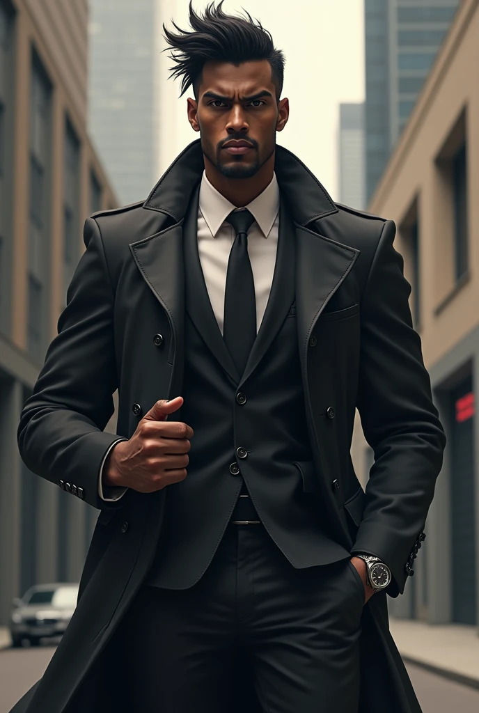 Powerful little black boss, with watch on right hand, waves hair standing up