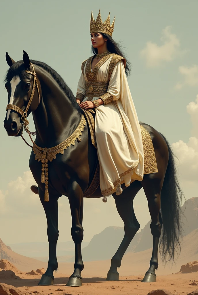 A person wearing off white warrior dress and crown and sitting on a Giant black horse look like 1