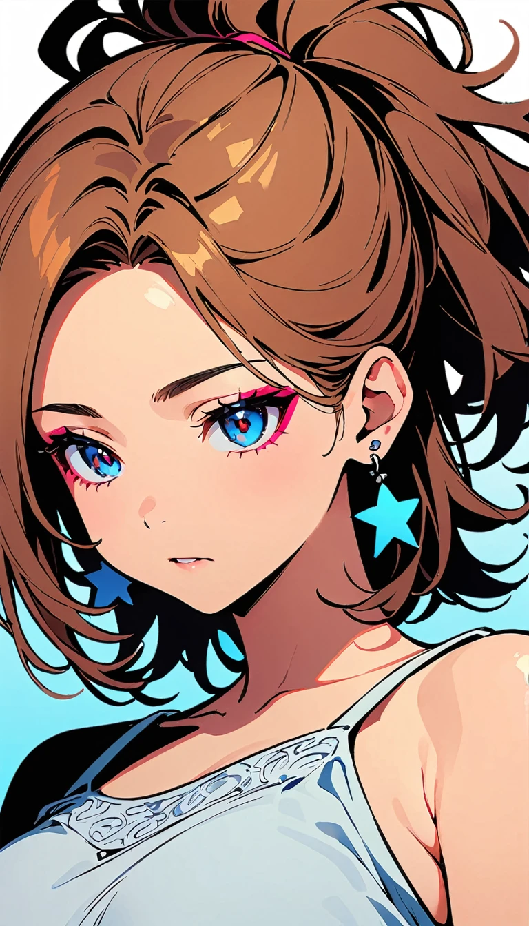 (High quality, 8k, 4K, High Contrast, masterpiece:1.2, 最high quality, Best aesthetics), (Dynamic Angle), ((1 female )), ((Plain and bright background)), ((Flat Color)), (Grey lace camisole), (The lower half is naked),((black and thin pubic hair)),(Female genitals in full view), Having sex, Looking at the audience, Upper Body, Transparent Background, (Cool look), Sleepy eyes, High Contrast, Contrasting colors, , Pale pink and blue lighting, ((Medium Hair)) , (Tied Hair), Brown Hair, Red eyes, Small star-shaped earrings in both ears, apple watch, bright eyeshadow, Mature,