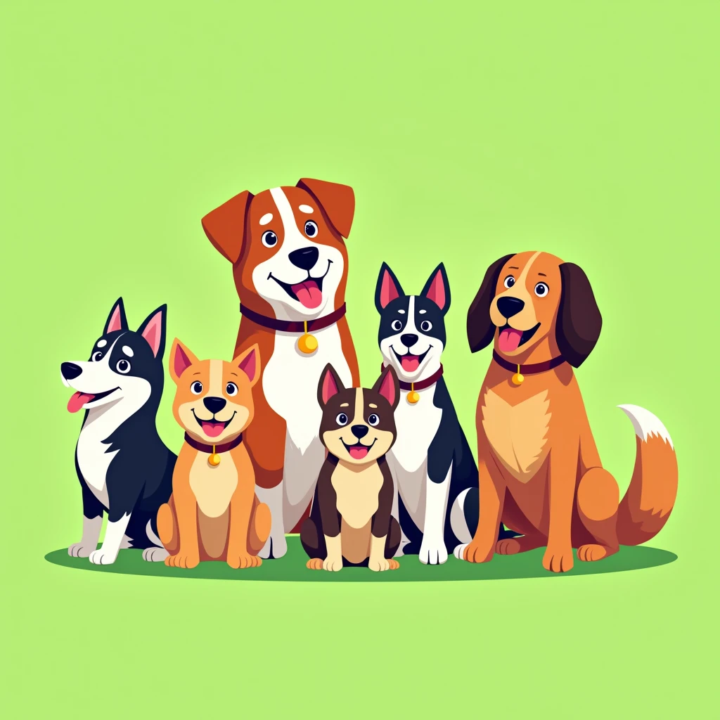 (best quality,4k,8k,highres,masterpiece:1.2),ultra-detailed,(realistic,vector,logo), dogs characters (1 Husky, 1 Rottweiler, 1 Pointer, 1 Golden and 2 others),vector flat illustration,cartoon style, sticker,green background,dynamic,vibrant colors,clean design,minimalist,playful,whimsical,fun,energetic,humorous,appealing,attractive,iconic,brand mascot,brand identity,brand : flat sticker vector 2d