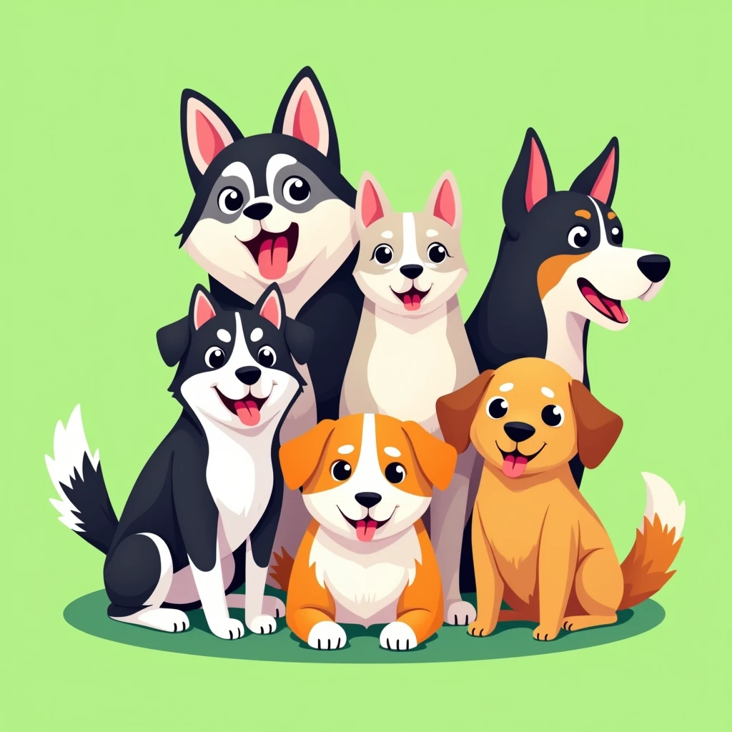(best quality,4k,8k,highres,masterpiece:1.2),ultra-detailed,(realistic,vector,logo), dogs characters (1 Husky, 1 Rottweiler, 1 Pointer, 1 Golden and 2 others),vector flat illustration,cartoon style, sticker,green background,dynamic,vibrant colors,clean design,minimalist,playful,whimsical,fun,energetic,humorous,appealing,attractive,iconic,brand mascot,brand identity,brand : flat sticker vector 2d