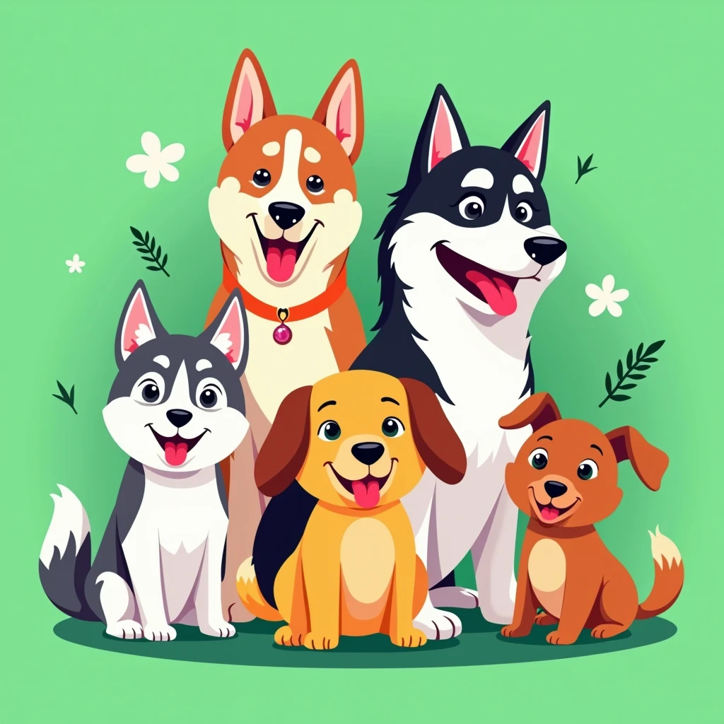 (best quality,4k,8k,highres,masterpiece:1.2),ultra-detailed,(realistic,vector,logo), dogs characters (1 Husky, 1 Rottweiler, 1 Pointer, 1 Golden and 2 others),vector flat illustration,cartoon style, sticker,green background,dynamic,vibrant colors,clean design,minimalist,playful,whimsical,fun,energetic,humorous,appealing,attractive,iconic,brand mascot,brand identity,brand : flat sticker vector 2d