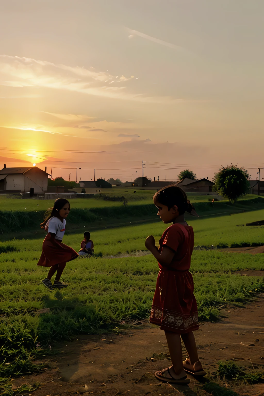 desi cute village kids playing in field with sunset