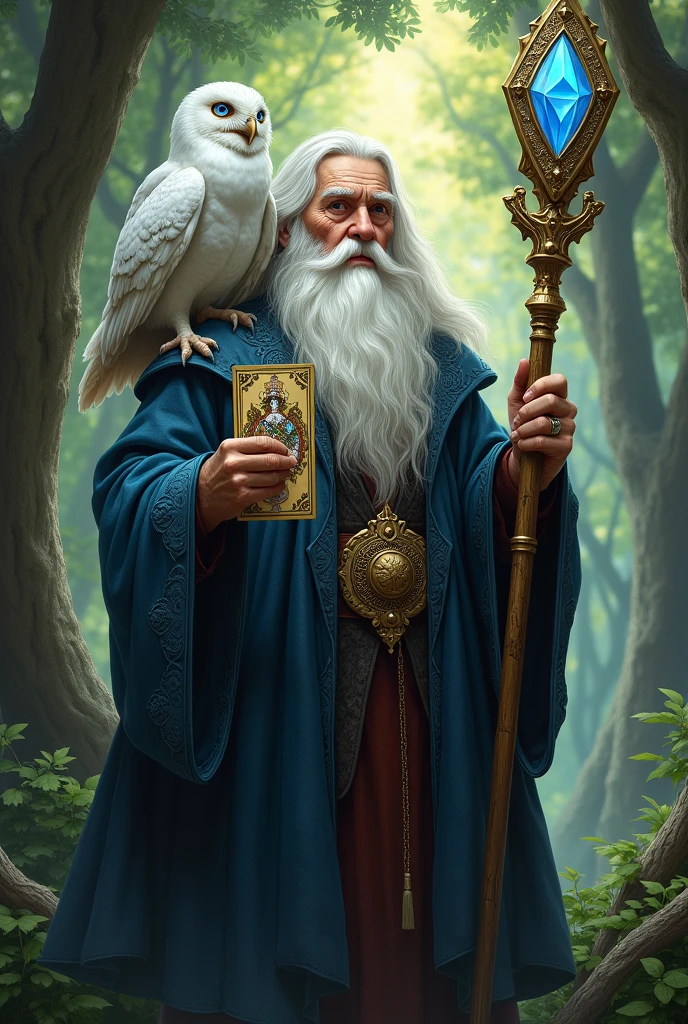 A powerful old wizard with a white beard in a forest with his staff tipped with a rare diamond. On her shoulder a white owl with blue eyes and in one of her hands a tarot card of the Queen of Pentacles sitting on the chair