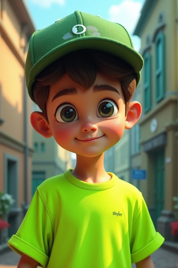 Draw a 3d boy, wearing fluorescent green shirt and wearing cap 