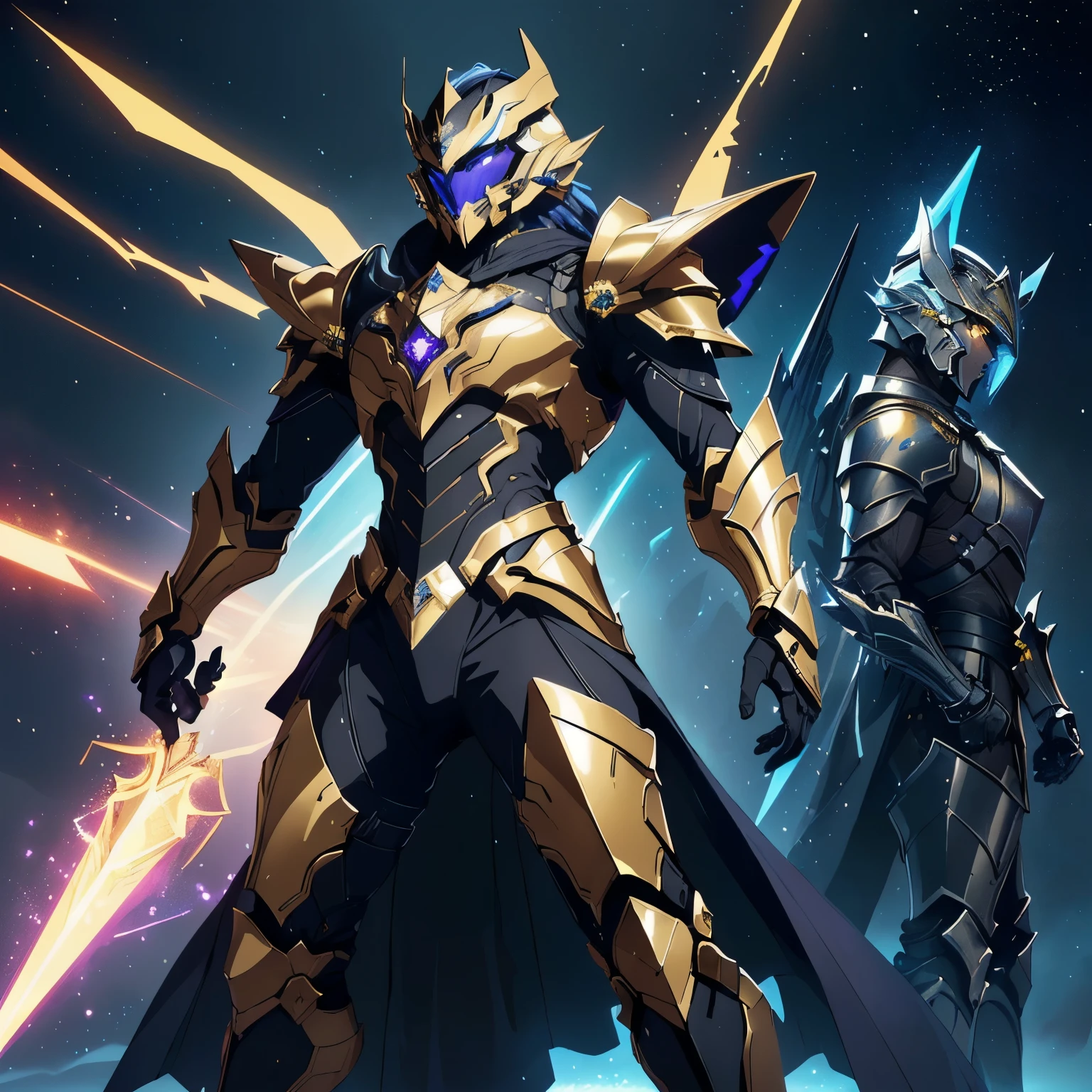 It's a man. The image presents a highly detailed and futuristic armor designed for a male warrior. The armor combines elements from different parts to create a cohesive and powerful look.

Helmet: The helmet features a sleek, aerodynamic design with a golden metallic finish. It has a central crest that rises upwards, and the visor glows with a bright blue light, giving it a high-tech, futuristic appearance.

Pauldrons (Shoulder Pads): The shoulder pads are large and wing-like, curving outward and upward, with a polished golden finish. These pads extend slightly beyond the shoulders and include a sleek, angular design, providing both a majestic and powerful look.

Chest Plate: The chest plate is intricately segmented, with a combination of gold and dark metallic blue. It has a gem-like crystal in the center that emits a soft, mystical glow. The design of the chest plate is both protective and regal, with sharp, angular lines that add to the overall futuristic aesthetic.

Arm Guards: The arm guards are sleek and streamlined, with articulated golden and purple segments that offer flexibility and protection. The design of the gauntlets is both robust and elegant, incorporating futuristic elements that blend with the classic style.

Leg Armor: The legs are armored with segmented plates that are primarily gold and purple. The boots are angular and sturdy, with a design that conveys both strength and agility. The overall look of the leg armor is grounded yet sleek, completing the ensemble with a powerful stance.

The background of the image is a dark cosmic scene, filled with distant stars and nebulae that highlight the polished surfaces of the armor. Dynamic lighting is used to emphasize the key features, particularly the glowing visor and central chest gem, reinforcing the mystical and imposing nature of the warrior.