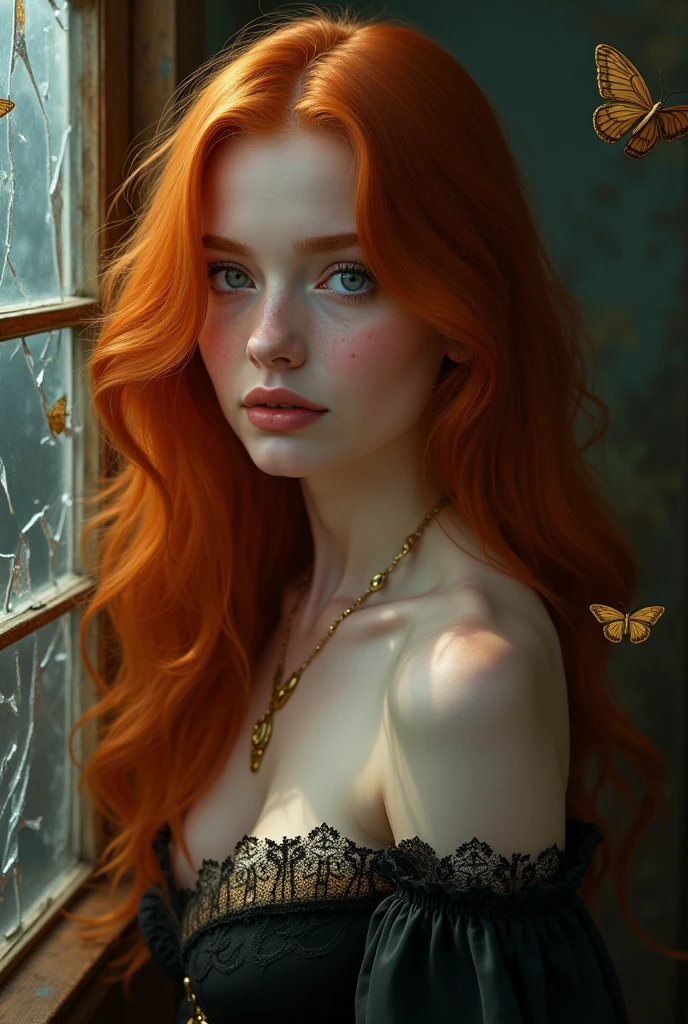 (solo, full body photo:1.3), (action packed:1.3), (haze, fog, mist:1.3), chiaroscuro, best quality, photorealistic, 1woman, (cute), (24yo:1.2), redhead, long ginger hair highly detailed, 1700'S, digital photography, art by artgerm and ruan jia and greg rutkowski surreal painting gold butterfly filigree, broken glass, (masterpiece, sidelighting, finely detailed Fashionable eyes: 1.2) (perfect oval large eyes that gazes at the viewer), beautiful detailed face, blue gorgeous perfect eyes, (blonde hair ponytail), (attractive young woman:1.3), (thick amazing hair), (seductive:1.1), (blushing:1.1)