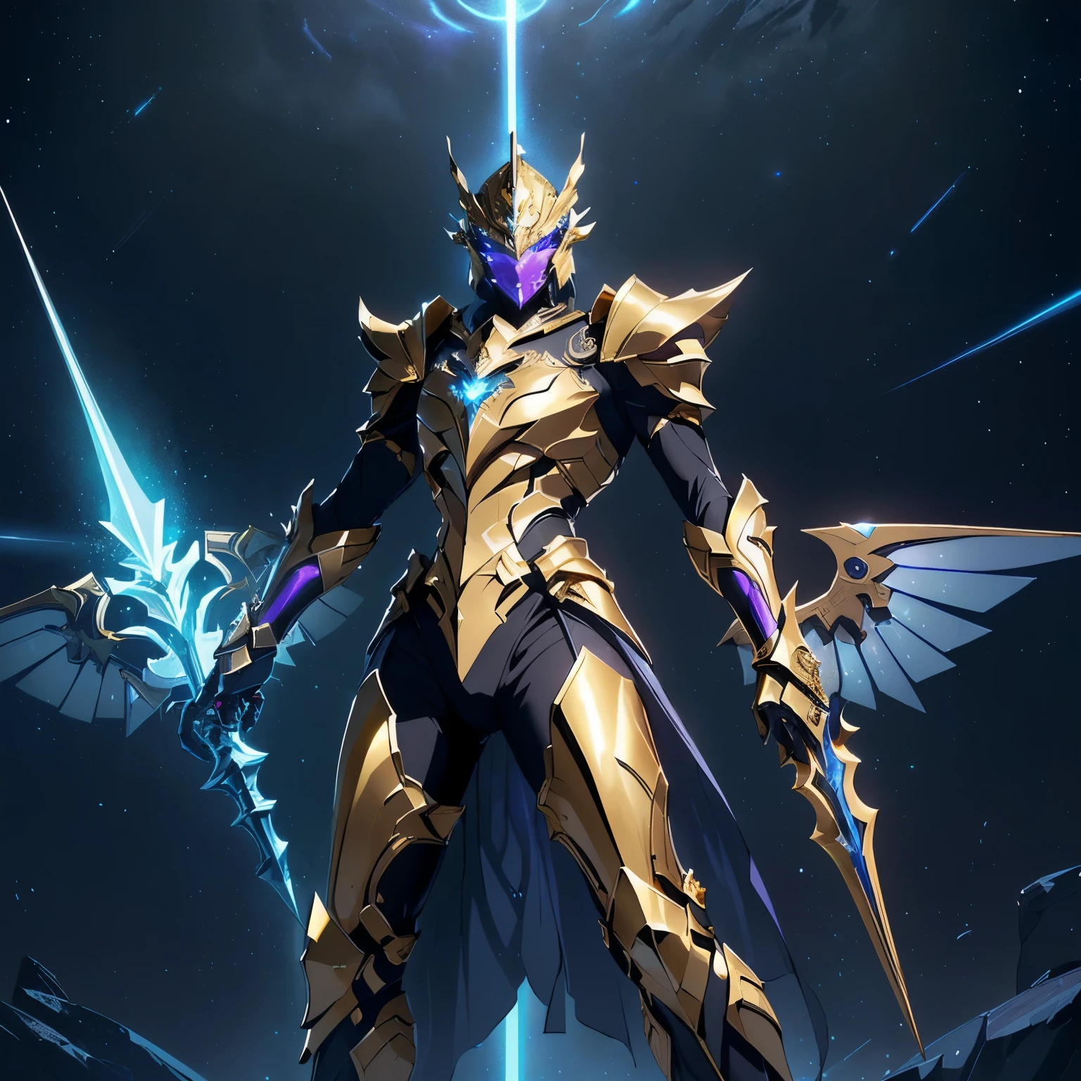 It's a man. The image presents a highly detailed and futuristic armor designed for a male warrior. The armor combines elements from different parts to create a cohesive and powerful look.

Helmet: The helmet features a sleek, aerodynamic design with a golden metallic finish. It has a central crest that rises upwards, and the visor glows with a bright blue light, giving it a high-tech, futuristic appearance.

Pauldrons (Shoulder Pads): The shoulder pads are large and wing-like, curving outward and upward, with a polished golden finish. These pads extend slightly beyond the shoulders and include a sleek, angular design, providing both a majestic and powerful look.

Chest Plate: The chest plate is intricately segmented, with a combination of gold and dark metallic blue. It has a gem-like crystal in the center that emits a soft, mystical glow. The design of the chest plate is both protective and regal, with sharp, angular lines that add to the overall futuristic aesthetic.

Arm Guards: The arm guards are sleek and streamlined, with articulated golden and purple segments that offer flexibility and protection. The design of the gauntlets is both robust and elegant, incorporating futuristic elements that blend with the classic style.

Leg Armor: The legs are armored with segmented plates that are primarily gold and purple. The boots are angular and sturdy, with a design that conveys both strength and agility. The overall look of the leg armor is grounded yet sleek, completing the ensemble with a powerful stance.

The background of the image is a dark cosmic scene, filled with distant stars and nebulae that highlight the polished surfaces of the armor. Dynamic lighting is used to emphasize the key features, particularly the glowing visor and central chest gem, reinforcing the mystical and imposing nature of the warrior.