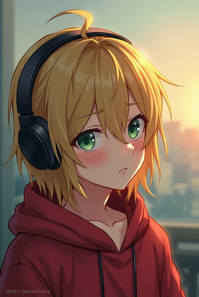 Create an anime-style image of a male character with blond hair, Wearing Headphones, greeneyes, he has a small wart on his nose, and he's wearing a red sweatshirt and has a reflective expression looking at the horizon