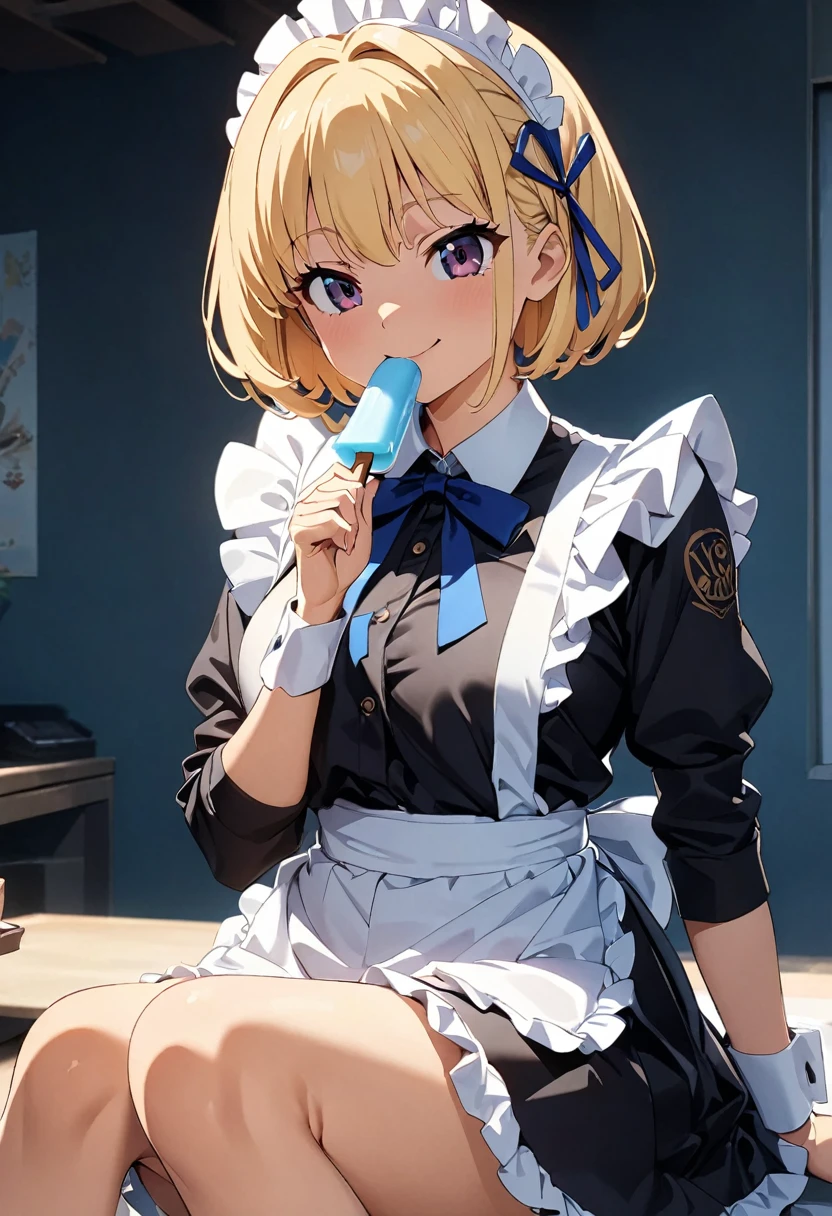 (Highest quality:1.2, 4K, 8k, Studio Anime, Very detailed, up to date, Vibrant, Attention to detail, High Contrast, masterpiece:1.2, Highest quality, Best aesthetics), (((1 person))), Sitting, maid, maid服, Blue Ribbon, Frills, Lick:1.2, smile, Popsicles, 舌を出してLick, Cute people, Get closer, Friendly atmosphere, Fun and youthful々Shii々Cool vibe, Accuracy and concentration, Striking contrast,  (Perfect hands, Perfect Anatomy), I'm smiling at you、Blonde、