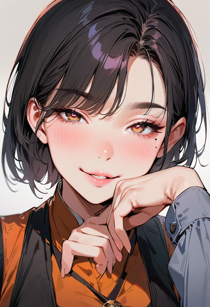 (masterpiece, best quality:1.4), 1 girl, 独奏, Heart-shaped pupils, Blurred eyes, Close your left eye, Smile, Profile,45° head tilt, Chin on hand, Right tear mole, (Asymmetrical long and short hairstyle:1.2), large breasts, Mini Girls, Vest, Black and white gradient background.