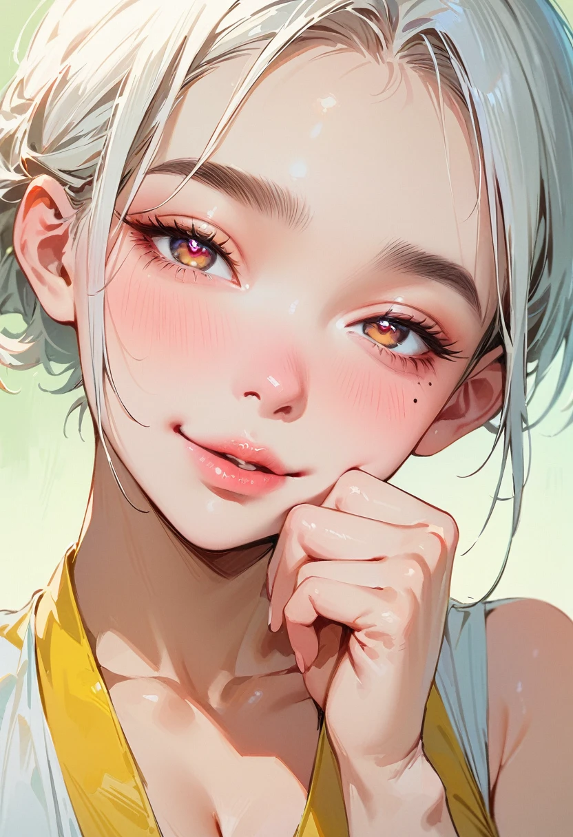 (masterpiece, best quality:1.4), 1 girl, 独奏, Heart-shaped pupils, Blurred eyes, Close your left eye, Smile, Profile,45° head tilt, Chin on hand, Right tear mole, (Asymmetrical long and short hairstyle:1.2), large breasts, Mini Girls, Vest, Black and white gradient background.