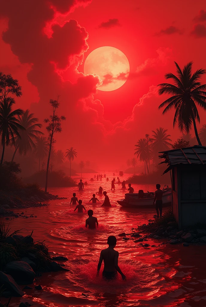 Flood in bangladesh in red theme color as a background