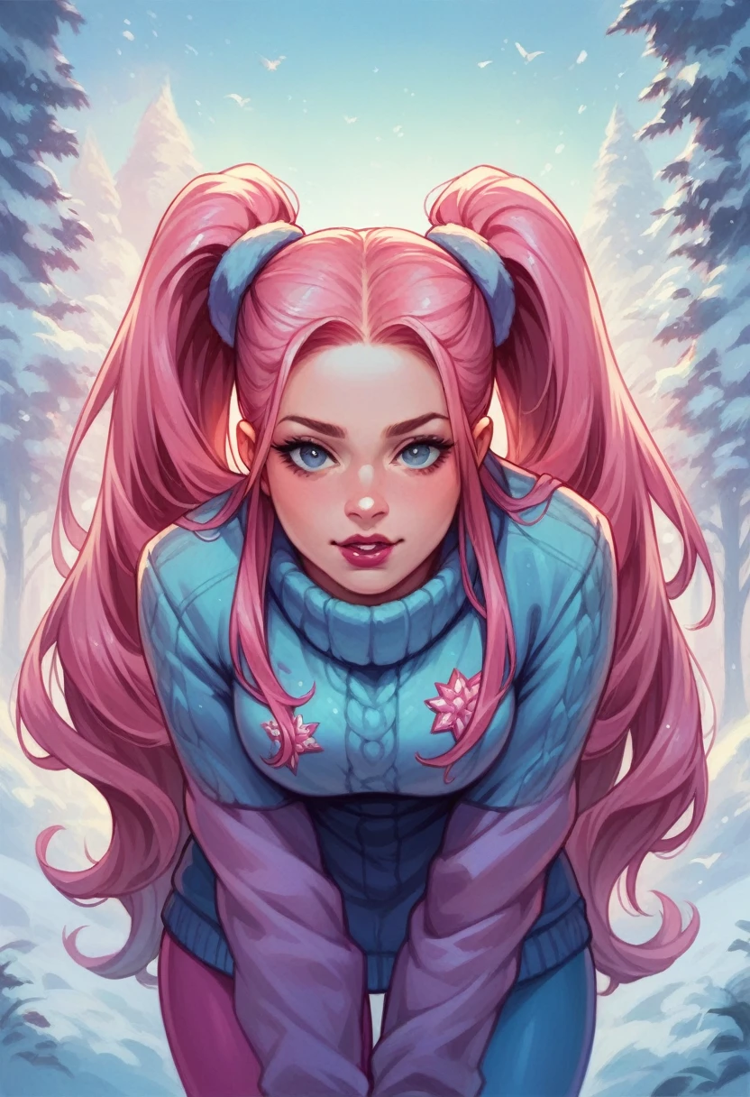 ((masterpiece)), (best quality), (detailed), 1girl,
looking at viewer, (lipstick:0.75), leaning forward,
long pink hair, twintails,
colorful thighighs,
winter, vivid colors,