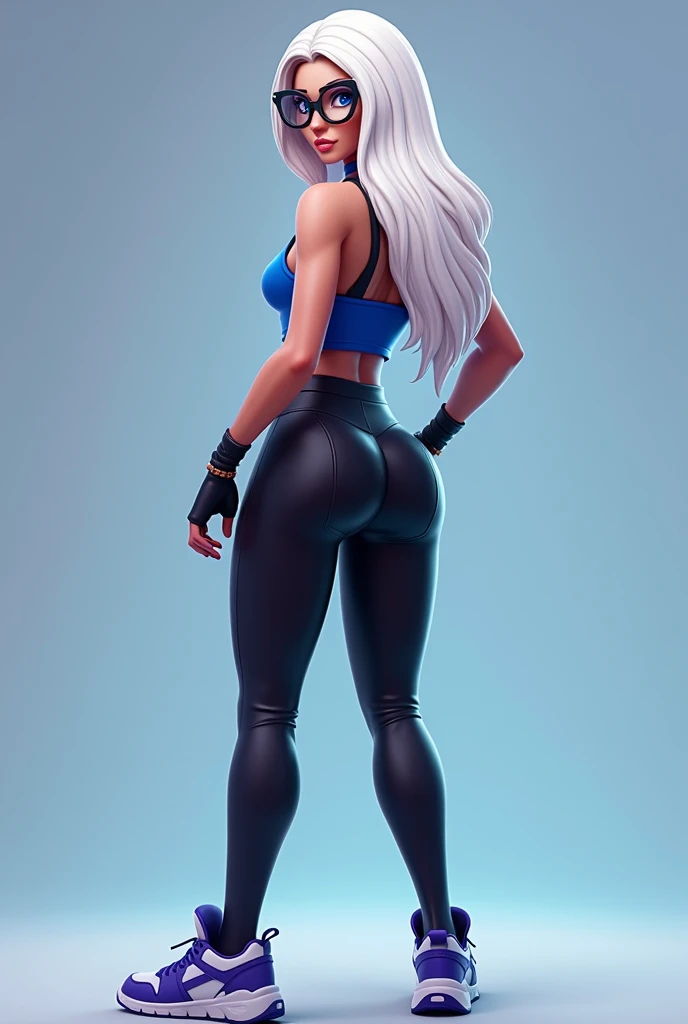 fortnite style girl, long white hair, Broad Hips, blue colored eyes, wearing glasses, Allstar Sneakers, sexy cobalt blue top black leggings full body back
