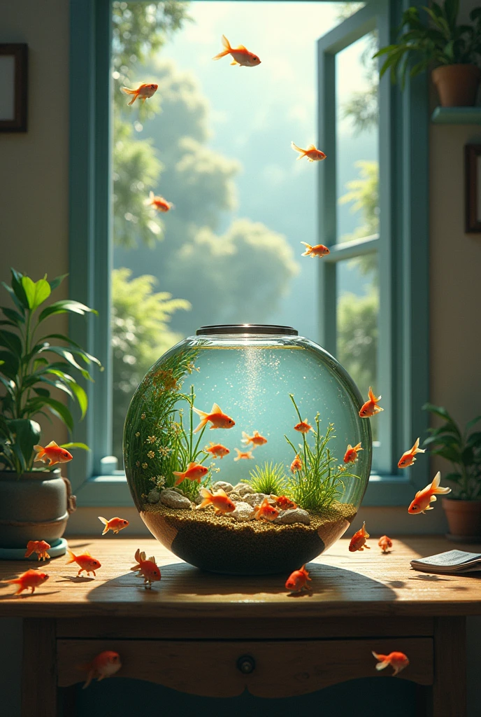 A table with a round aquarium spilling out small goldfish and in the background an open window vetoing a lot 