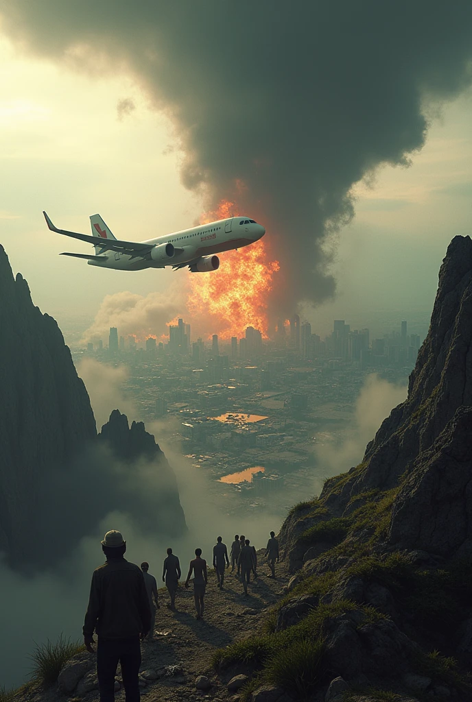 A scene of a plane crashing into the ground, with a tornado arriving in the city and a horde of zombies in the rural area with a lot of destruction and a view from the top of a mountain, super realistic first person