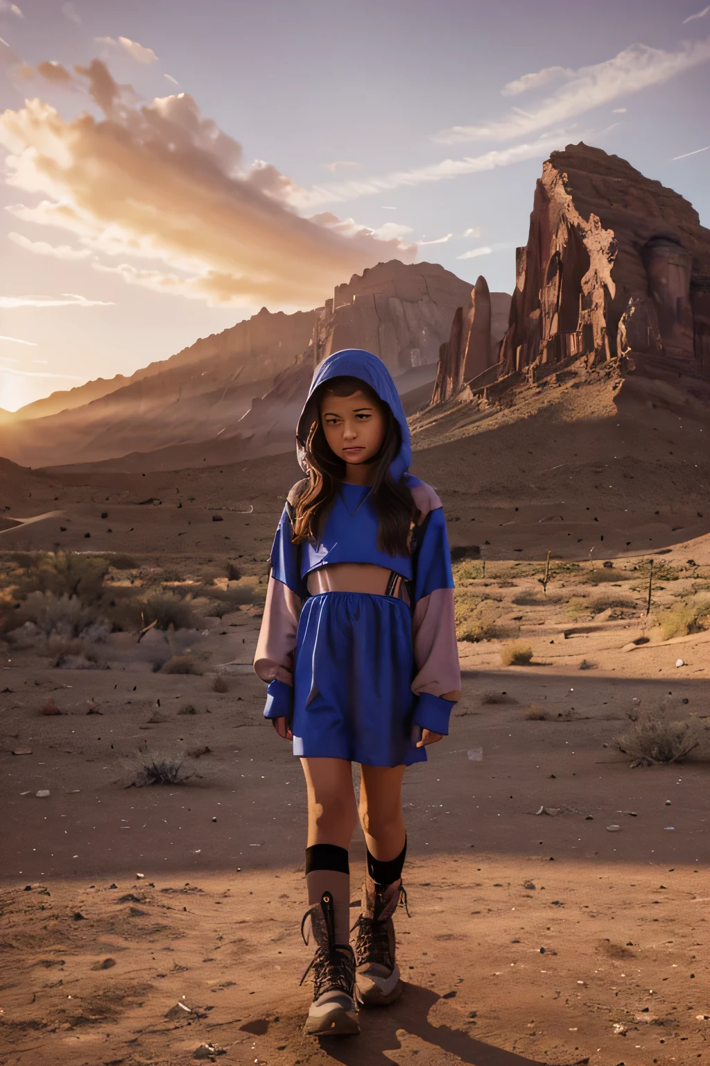 Mountain at sunset, a futuristic city in the desert as background, low clouds cover mountain, realistic+high intricate details, colorful clothing, kids, 16k.