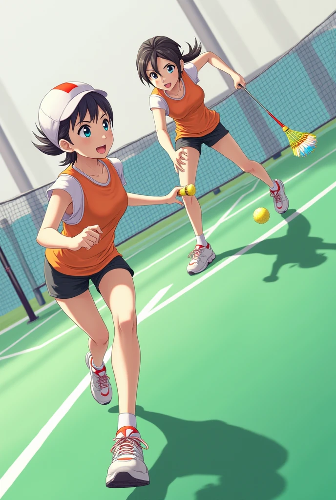 2 Badminton player against each other in each side of Badminton court with badminton and shuttlecock in multi colour