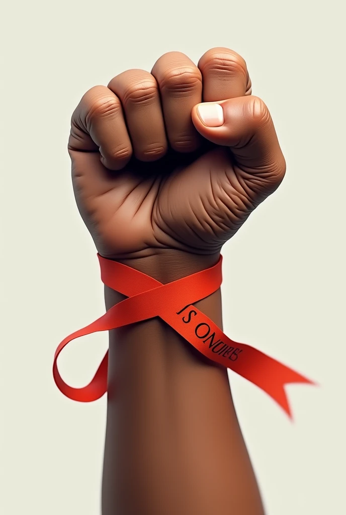 Fist with a ribbon saying “STOP THE OPPRESSION”
