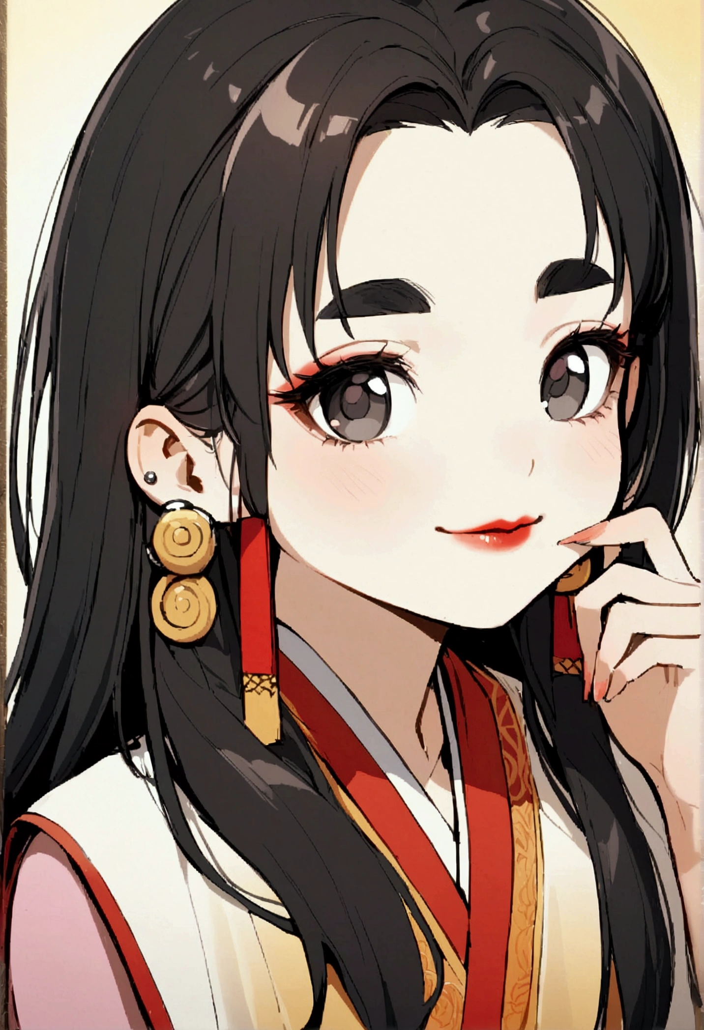 A girl in a liyue costume ,Shoulder length black hair, slightly wavy, dos piercings (snake bites) on her lips, big slanted black eyes, thin eyebrows, outlined something big, Medium sized but full red lips , cute smile with some little eyes on her cheek.