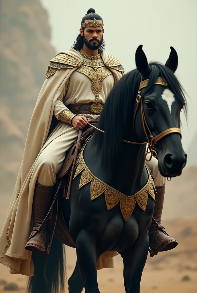 A man wearing off white warrior dress and crown and sitting on a Giant black horse look like 1 