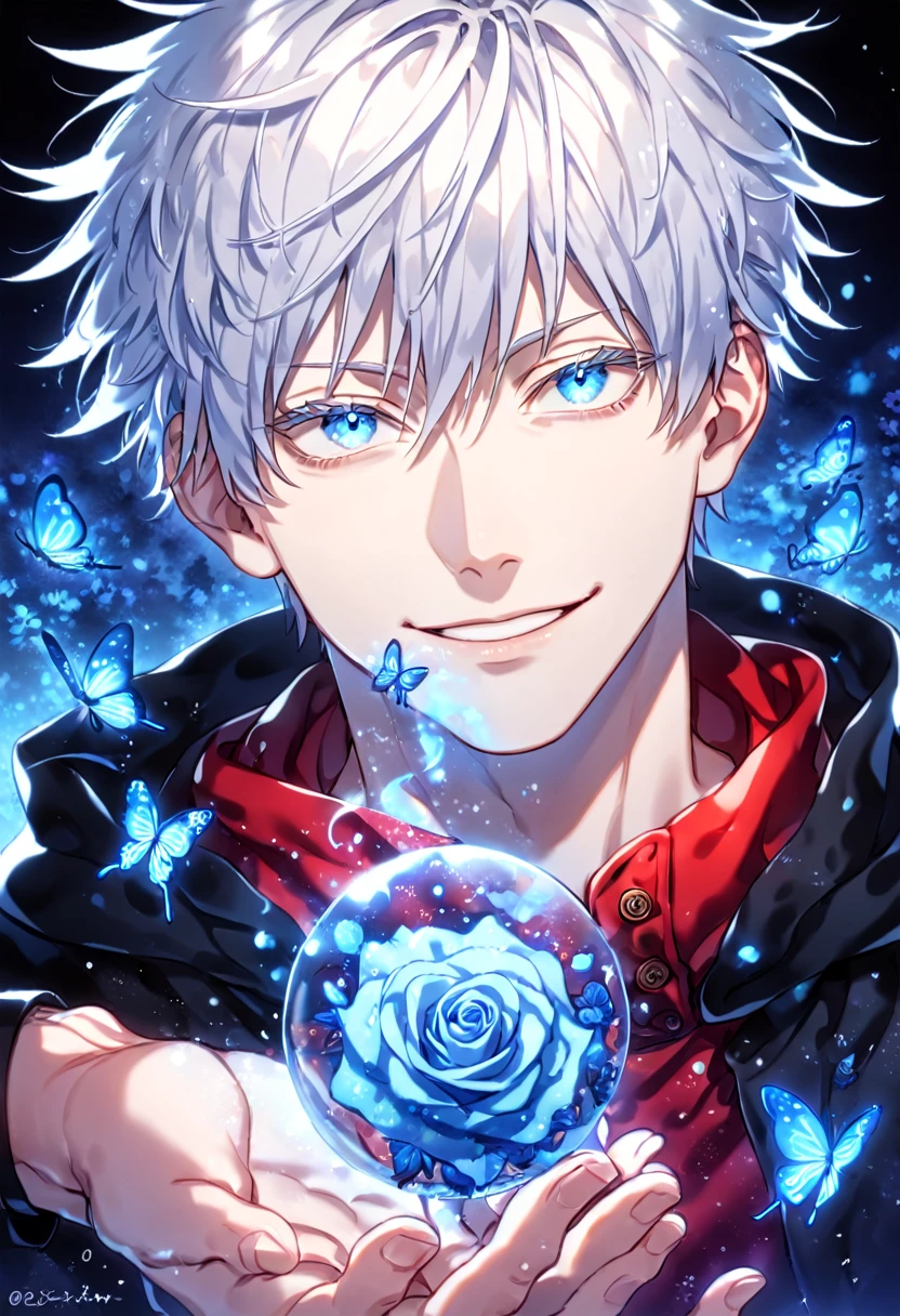 absurdres, highres, ultra detailed, HDR, master piece, best quality, extremely detailed, detailed face, Gojou Satoru, white hair, expressive blue eyes, Jujutsu Kaisen, solo, sexy man, handsome, smile, manly man, black coat, hooded red vest, black wrist band, magical, fantasy, under a blue tree, blue flames, blue moon, blue fireflies, blue roses, blue butterflies, glass magic