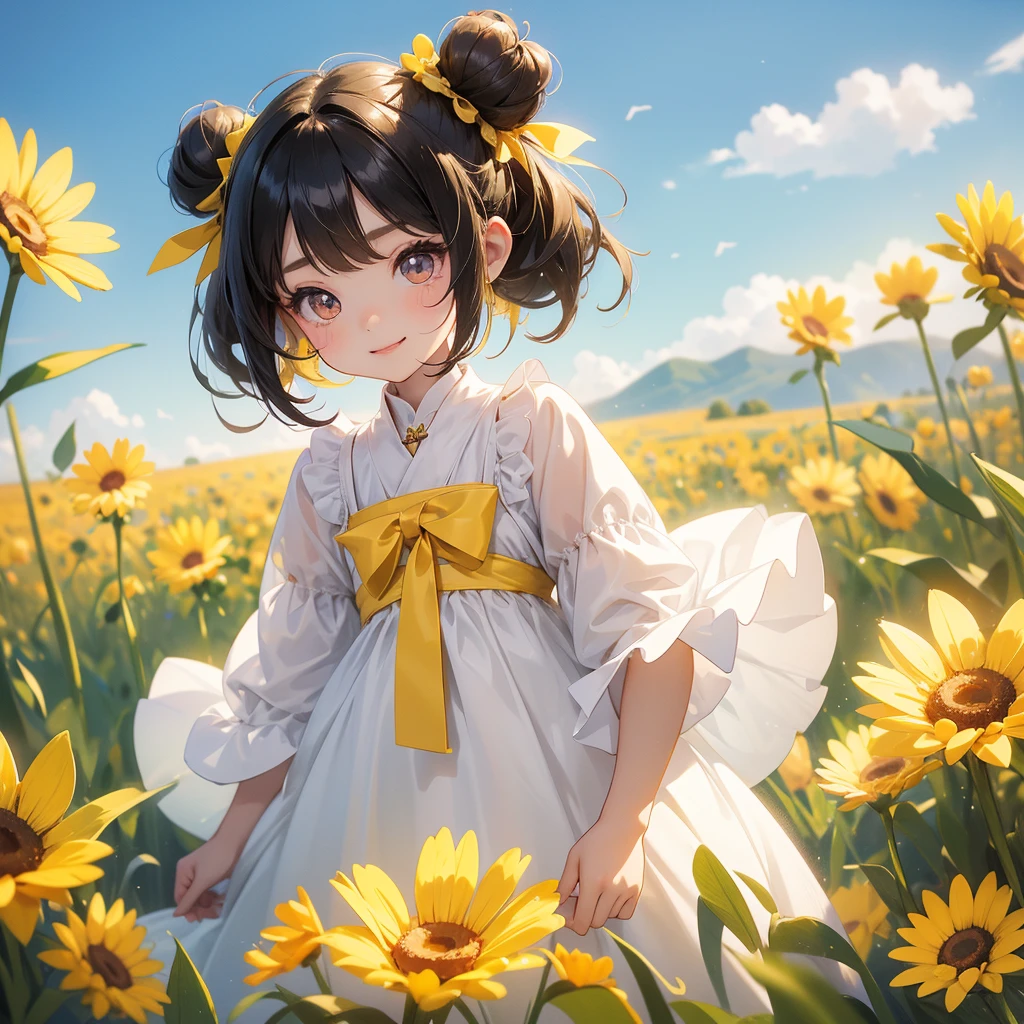 A chibi girl had a small face and wearing a little tourist priest’s outfit, a pair of big round eyes shone with curiosity about him. This childso cute, her hair is black with buns on her hair. Small chibi , chibi baby, smiling , chibi.
Standing in the midst of a field of bright yellow gold fields, There are some floating clouds.