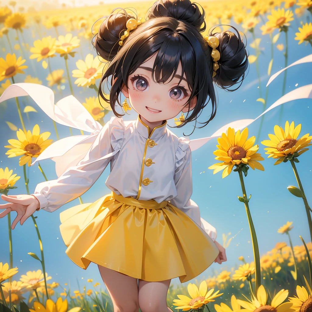 A chibi  girl had a small face and wearing a little tourist priest’s outfit, a pair of big round eyes shone with curiosity about him. This childso cute, her hair is black with buns on her hair. Small chibi , chibi baby, smil, chibi. 

Standing in the midst of a field of bright yellow gold fields, There are some floating clouds.