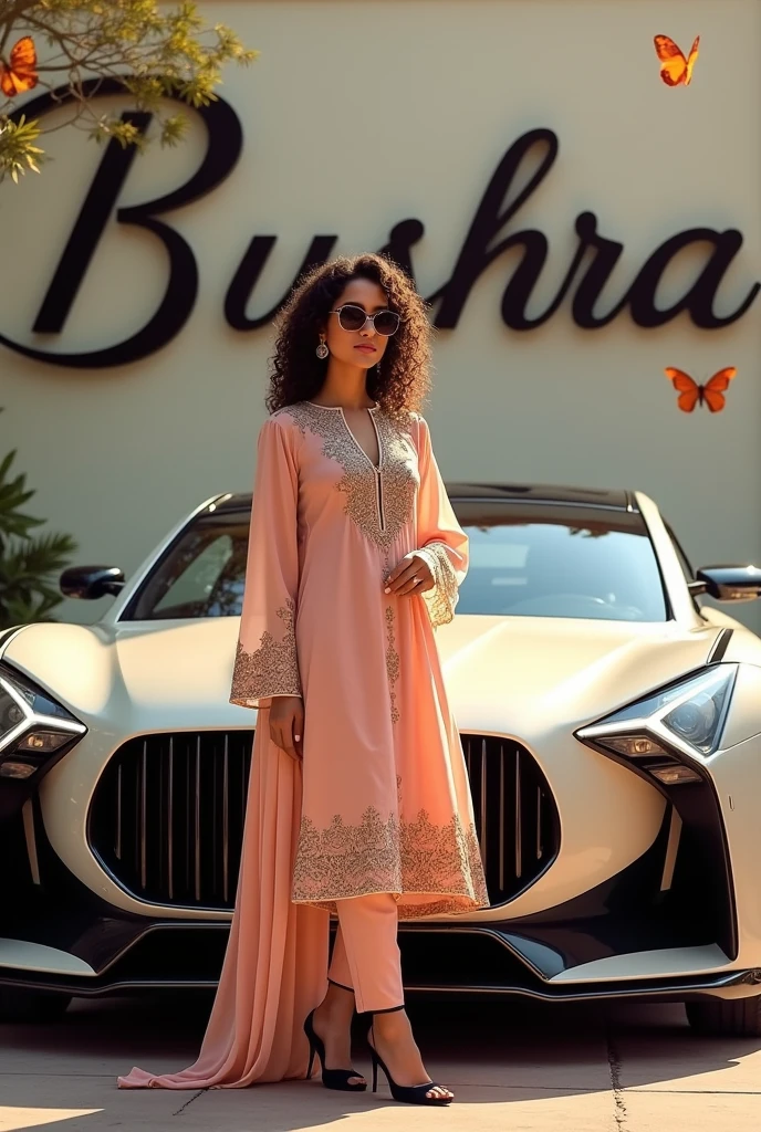 Here's a rewritten prompt in English:
"A beautiful young lady with curly hair and decent makeup and water sunglasses is standing next to a luxury unique car and a name 'Bushra' written to vest funt on it. She's wearing a stunning peach- designing shlwar qameez suit with intricate designs and black heel shoes. The car is parked in a picturesque setting with colorful butterflies flying around and 'Bushra' written in bold, cursive font on the wall behind her. The scene exudes elegance and sophistication."
Let me know if you'd like me to generate an image based on this prompt!