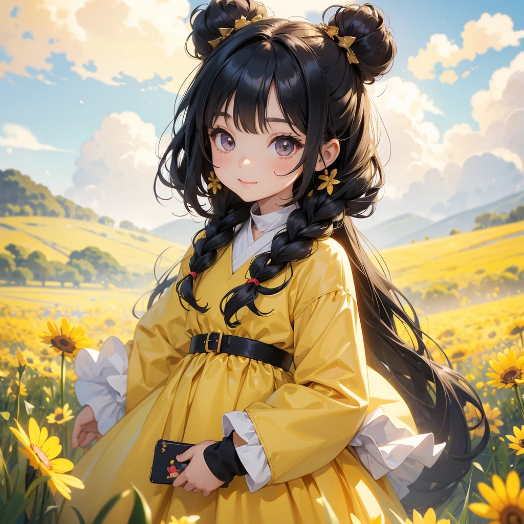 A chibi child girl had a small face and wearing a little tourist priest’s outfit, a pair of big round eyes shone with curiosity about him. This child was so cute, her hair is black with buns on her hair. Small chibi , chibi baby, smiling , chibi.
Standing in the midst of a field of bright yellow gold fields, There are some floating clouds.