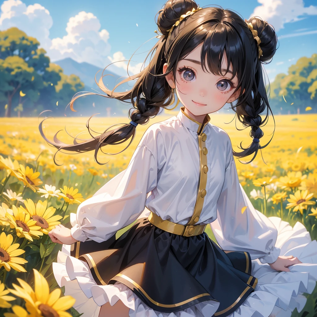 A chibi child girl had a small face and wearing a little tourist priest’s outfit, a pair of big round eyes shone with curiosity about him. This child was so cute, her hair is black with buns on her hair. Small chibi , chibi baby, smiling , chibi.
Standing in the midst of a field of bright yellow gold fields, There are some floating clouds.
