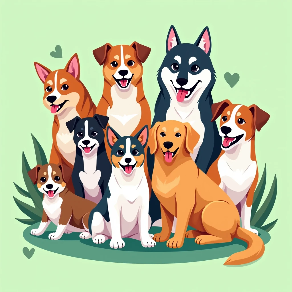 (best quality,4k,8k,highres,masterpiece:1.2),ultra-detailed,(realistic,vector,logo), dogs characters (1 Husky, 1 Rottweiler, 1 Pointer, 1 Jack Russell Terrier, 1 Golden and 2 others),vector flat illustration,cartoon style, sticker,green background,dynamic,vibrant colors,clean design,minimalist,playful,whimsical,fun,energetic,humorous,appealing,attractive,iconic,brand mascot,brand identity,brand : flat sticker vector 2d
