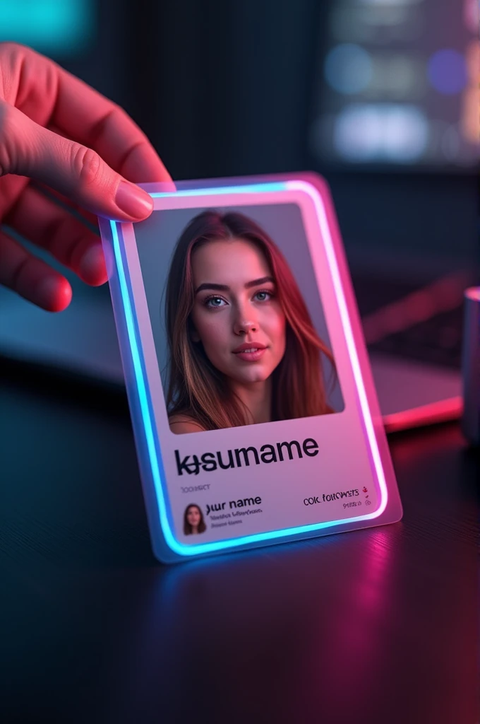 Create a instagram profile on glass id card on a Black desk displaying instagram logo and realistic profile photo of a age Girl in circle and " Your Name " is written in bold fonts under the profile photo and 100k Followers written, the instagram card is glowing in pink and blue color on the edge, One corner is held with two fingers