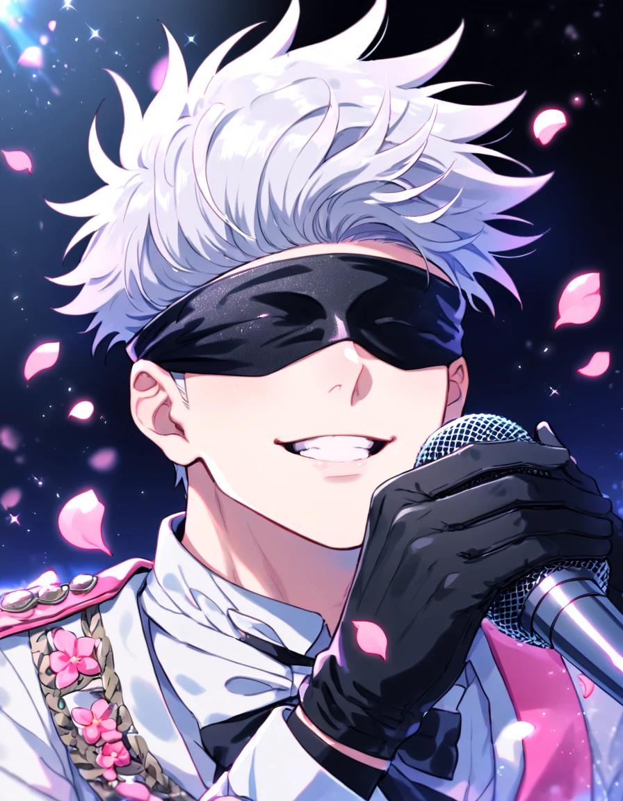 Ultra detailed, Highres, absurdres, HDR, master piece, Gojou Satoru, white hair, black blindfold, covered eyes, blindfolded eyes, Jujutsu Kaisen, sexy man holding a microphone, solo, idol, white idol clothes with trimmings, pink petals, glittering, black gloves, pink flowers, sensual, fantasy, idol stage, concert, manly man, horny, erotic, close up, handsome smile
