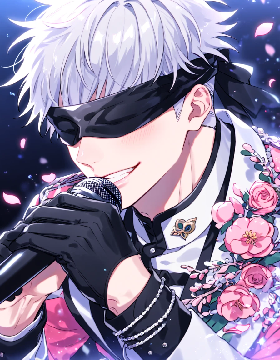 Ultra detailed, Highres, absurdres, HDR, master piece, Gojou Satoru, white hair, black blindfold, covered eyes, blindfolded eyes, Jujutsu Kaisen, sexy man holding a microphone, solo, idol, white idol clothes with trimmings, pink petals, glittering, black gloves, pink flowers, sensual, fantasy, idol stage, concert, manly man, horny, erotic, close up, handsome smile