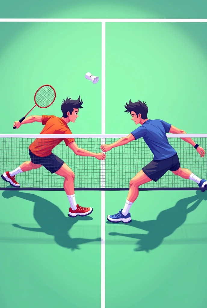 2 Badminton player against each other in each side of net in Badminton court with badminton and shuttlecock in multi colour 