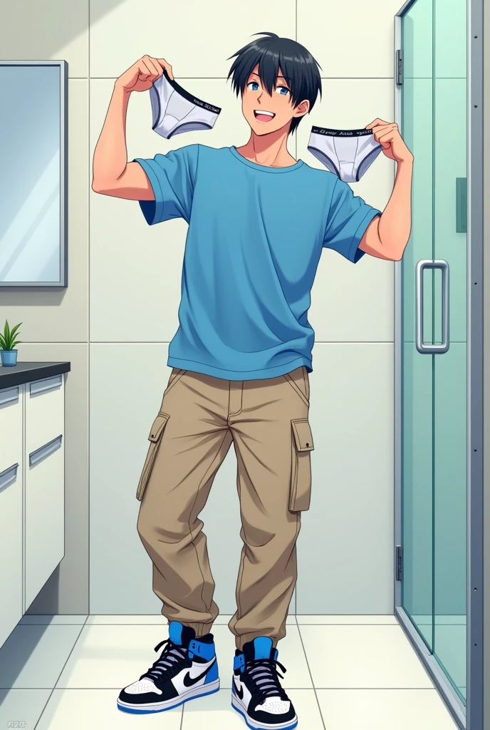 into the image, a cool ager , with white skin and straight black hair, is posing in a bathroom. He wears a blue t-shirt and beige cargo pants., complemented by a pair of Air Jordan sneakers in blue, black andwhite. The young man is holding only 1 pair of underwear (of the boxer model), this underwear is white (medium-sized) with both hands, displaying it to the "Camera", with a happy and relieved expression. The bathroom in the background is modern and minimalist., with details like a large mirror and light tiles. The teen's expression is relaxed and a little amused., giving a casual and informal tone to the image, In anime style.